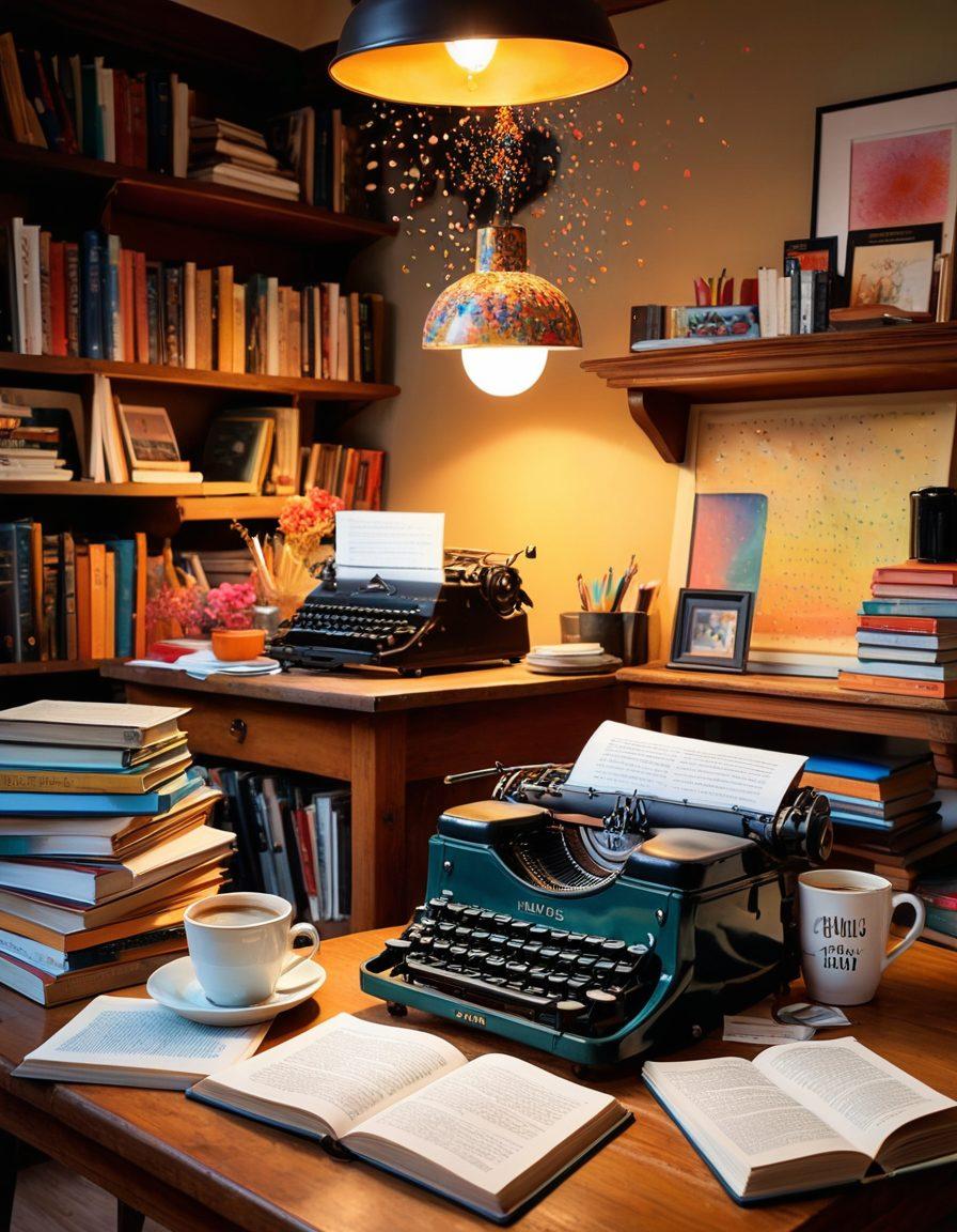 An artistic depiction of a writer surrounded by floating digital elements, such as e-books and social media icons, blending with classic memoirs. The writer is deeply immersed in a colorful burst of words and phrases, emanating from an old typewriter transforming into a laptop. Incorporate a cozy workspace with a warm ambiance, showcasing books, a cup of coffee, and soft lighting. The scene should convey the transition from traditional to digital storytelling, incorporating vibrant colors and a whimsical touch. painting. vibrant colors. whimsical style.
