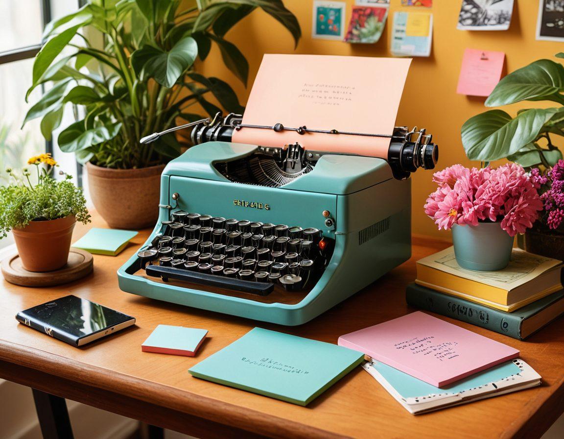 A serene workspace featuring a vintage typewriter and an open laptop, surrounded by blooming plants and colorful sticky notes. In the background, a whimsical art canvas displays vibrant illustrations of various storytelling elements like a quill, a microphone, and a book. Soft, warm lighting creates an inviting atmosphere, symbolizing creativity and self-expression. playful doodles float around the scene, representing blogs and digital storytelling. super-realistic. vibrant colors. cozy ambiance.